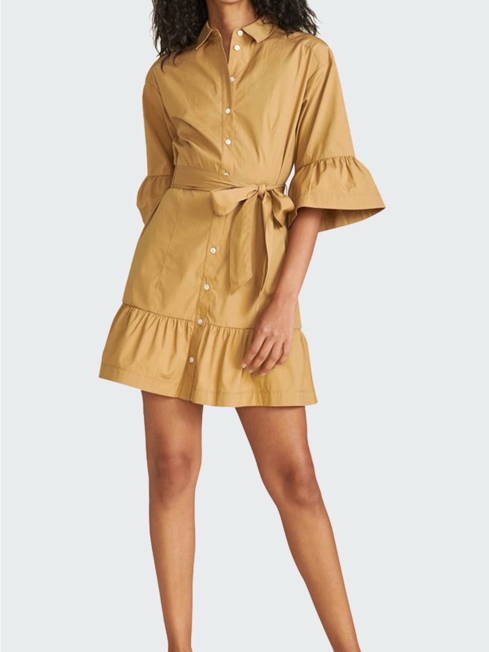 Veronica Beard Luriane Poplin Tie Waist Khaki Flounce Sleeve Cotton Dress - Picture 3 of 10